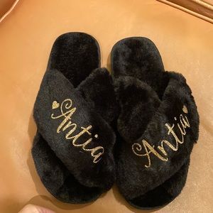 furry black slippers personalized ANTIA in gold sz 8 or 8.5 NWOT